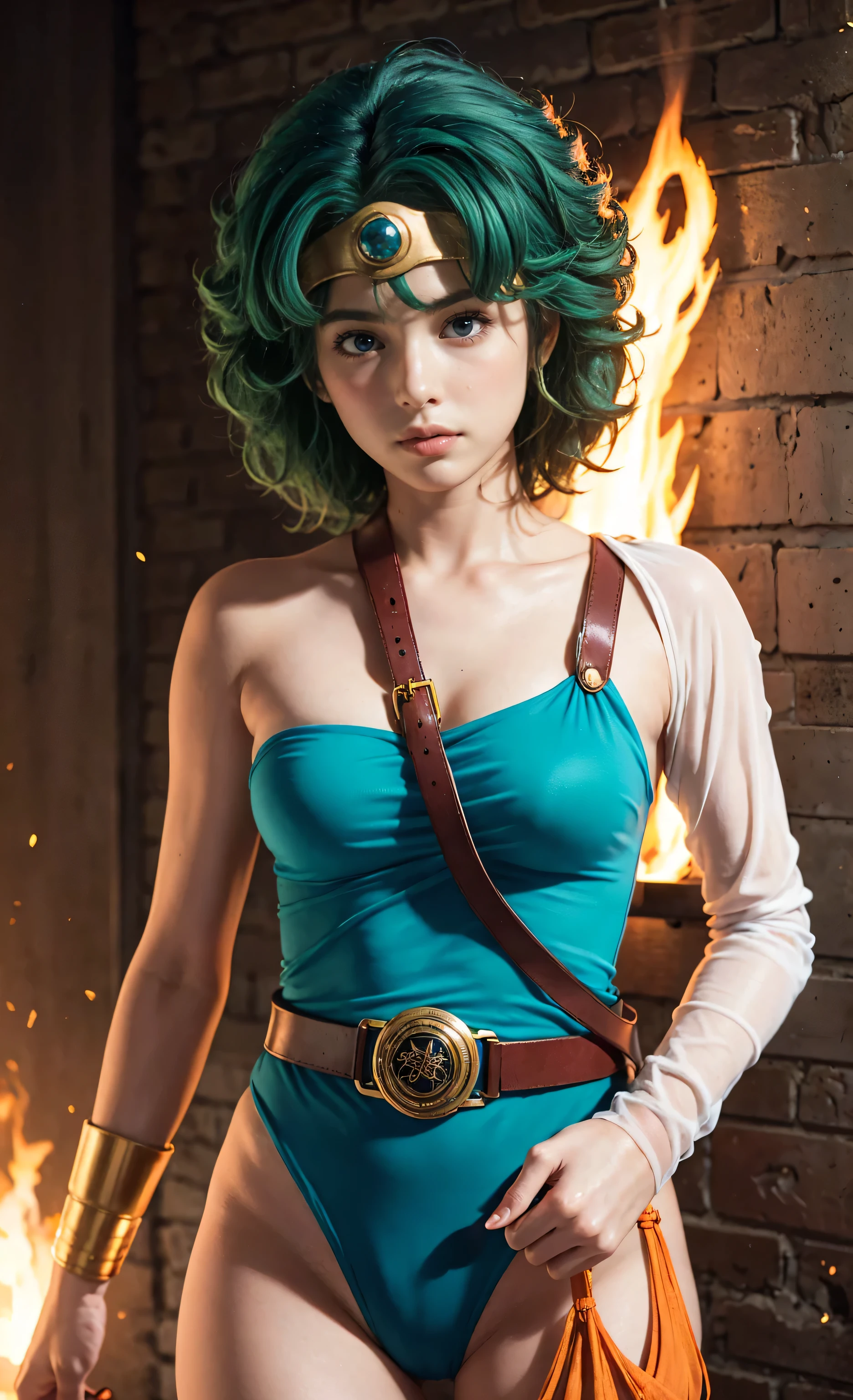 heroine, circlet, curly hair, green hair, short hair, asymmetrical clothes, leotard, belt, single glove,Holding a Longsword 、 Holding a large shield in hand, gripping single sleeve, single thighhigh 、 Fire attack、There are many scars、Desperately endure、suffer a major blow、 ( very detailedなな)、(wall)、 detailed face 、Bligh
Writing 、 PROFESSIONAL LIGHTING、 Staring at the Audience 、
Looking straight ahead、Diagonal bangs、bright light blue hair、
Nogizaka idol 、20 years old、Masterpiece, top quality, very detailed!
gets down on one knee、 flaming circumstances on the verge of death.