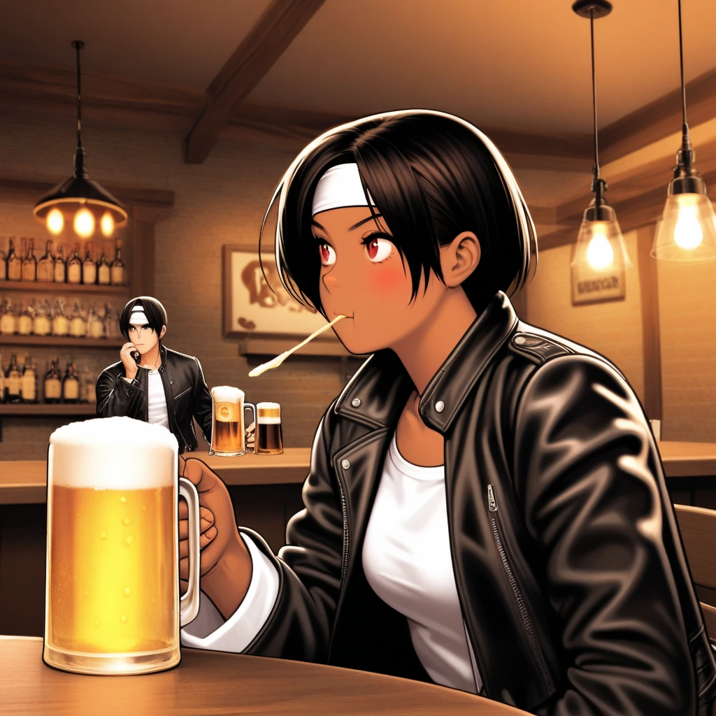 1girl, blush, short hair, bangs, shirt, black hair, red eyes, long sleeves, 1boy, holding, sitting, closed mouth, jacket, white shirt, hairband, food, open clothes, belt, pants, indoors, dark skin, medium hair, off shoulder, looking at another, open jacket, cup, black jacket, headband, eating, table, holding food, holding cup, alcohol, drinking glass, white hairband, :t, mug, leather, beer, beer mug, bar \(place\), white headband, restaurant, ceiling light


