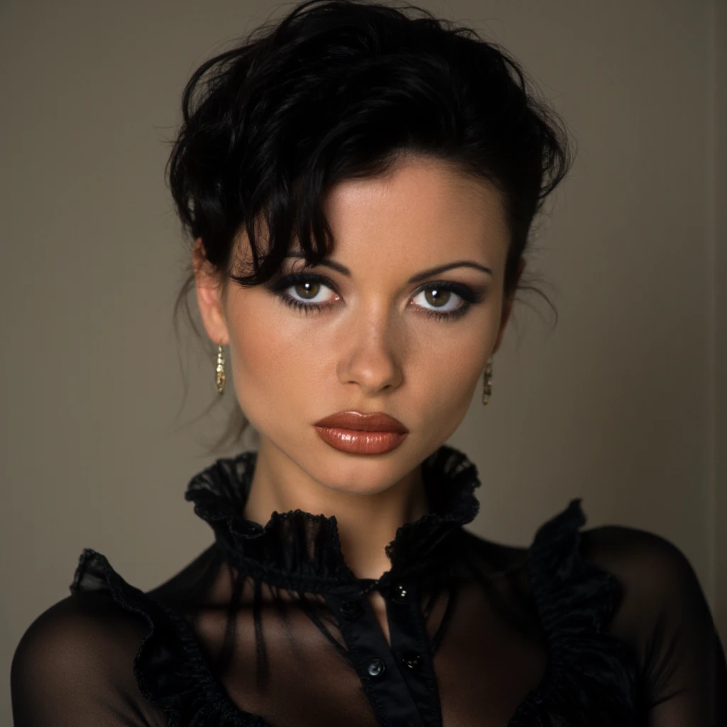 Imagine a dramatic PX3 award winning highly stylised professional portfolio headshot photo featuring a posing 's face for a fashion editorial. Her face is incredibly lifelike and detailed displaying perfect fidelity. Her hair is a Short Textured Quiff (Short) hair, and she has a (Mildly annoyed expression, one eyebrow raised, lips pressed together:1.5) expression looking at the viewer. The headshot is framed in front of a professionally arranged A muted taupe background with subtle shadows that create a three-dimensional effect, highlighting the model's lines.. The top portion visible of a High-neck Victorian-inspired blouse: Black lace, high ruffled collar, long sleeves with buttoned cuffs, keyhole back with button closure, scalloped hem.. A layered portrait, observing the rule of thirds.
The image is a professional high-resolution photograph, capturing fine details such as the texture of the woman's skin.
Imagine a real life highly grainy 35mm photograph of MoCVeronicaZemanova eyes with incredibly lifelike intricately detailed iris and pupils