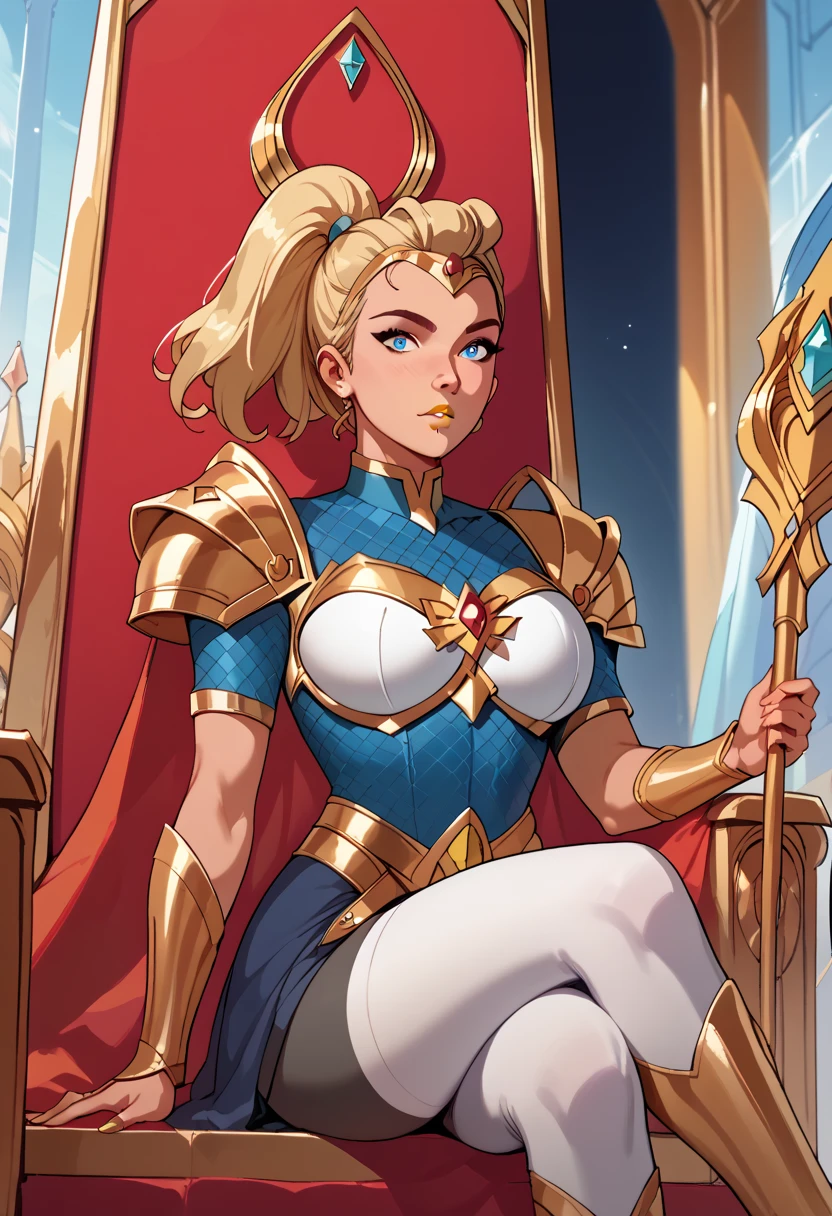 woman, big breasts, yellow lipstick, anime style, blue eyes, pale skin, blonde hair, ponytail, armor, royal palace, sitting on a throne, She-ra 