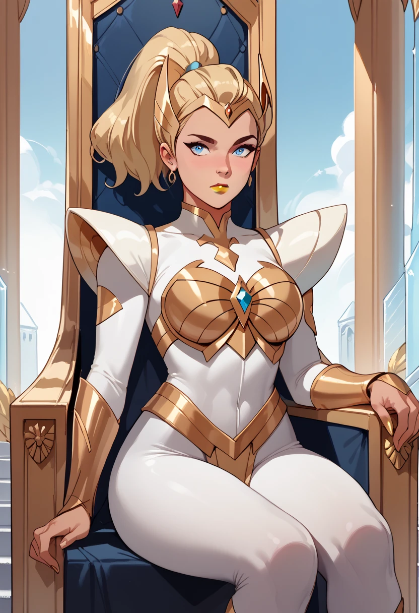 woman, big breasts, yellow lipstick, anime style, blue eyes, pale skin, blonde hair, ponytail, armor, royal palace, sitting on a throne, She-ra 