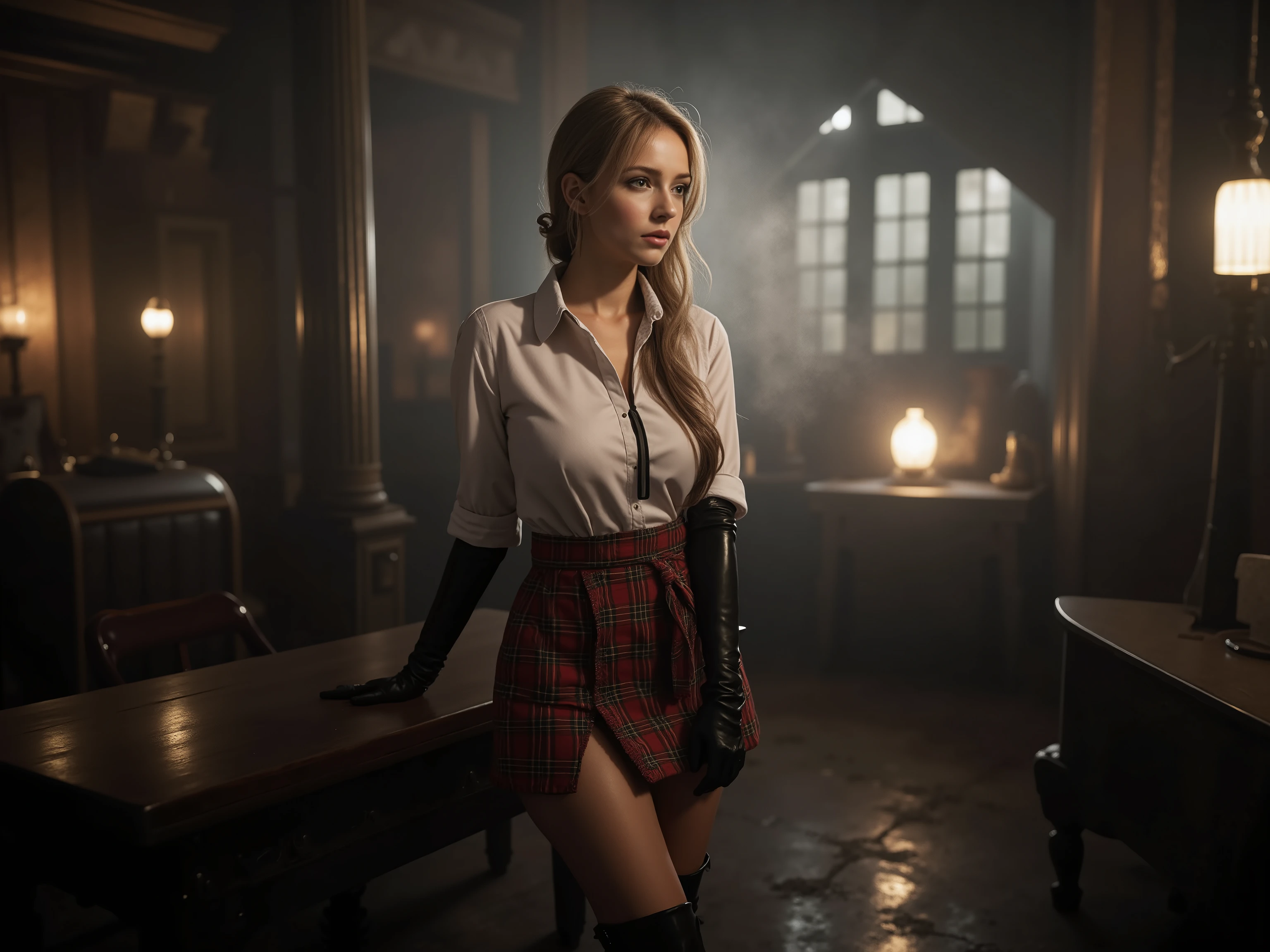 quality: (((masterpiece, cinematic composition, high quality 16K, 32K))), (8k, ultra-hyperrealistic :1.3), ( photorealism :1.2), (steampunk aesthetic). Scene:beautifull blonde schoolgirl, in her uniform with shirt tie and tartan middle long minikilt tucked in the shirt. She has long latex gloves and long leather heel boots. Shes touching her skirt. lighting: Gas lamps and the glowing scepter cast a dramatic light on her silhouette, while the rest of the room remains shrouded in shadow and steam. Stil: Seductive and majestic, a perfect mix of steampunk and mystical alien aesthetic. a white light Spot from the ground in the front to the face and illuminates her nipples