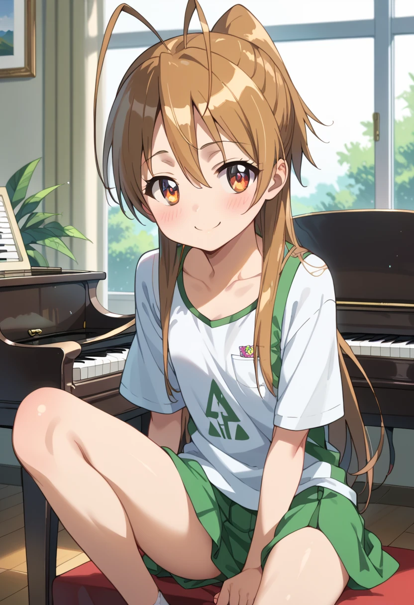 (( top quality)), ((masterpiece)), (be familiar with),  Perfect Face, indoor, bedroom,  Watching Viewers ,
One woman, Miyamoto Rei,
開いた口,  ecstatic expression beside the piano, blush, smile,
 small ,  flat chest, Young girl, Lori,  kids,  girl,
 long hair,  ponytail,
Leg spread,