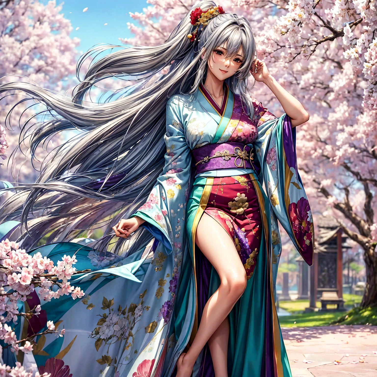 ((( top quality)))、((('s greatest masterpiece)))、Beauty Painting、 8k 、 ultra high quality、1 Female: Perfect Anatomy , Age 20、  beautiful body、  beautiful breasts、  beautiful faces:smile、 best skin and hair texture  、((Beautiful patterned and colored kimonos:Purple:green:silver:red: colorful ))、The skin is exposed from the kimono 、Beautiful fountain:Cherry blossom trees、( the wind is blowing)、 natural light、 high resolution images、 full picture、