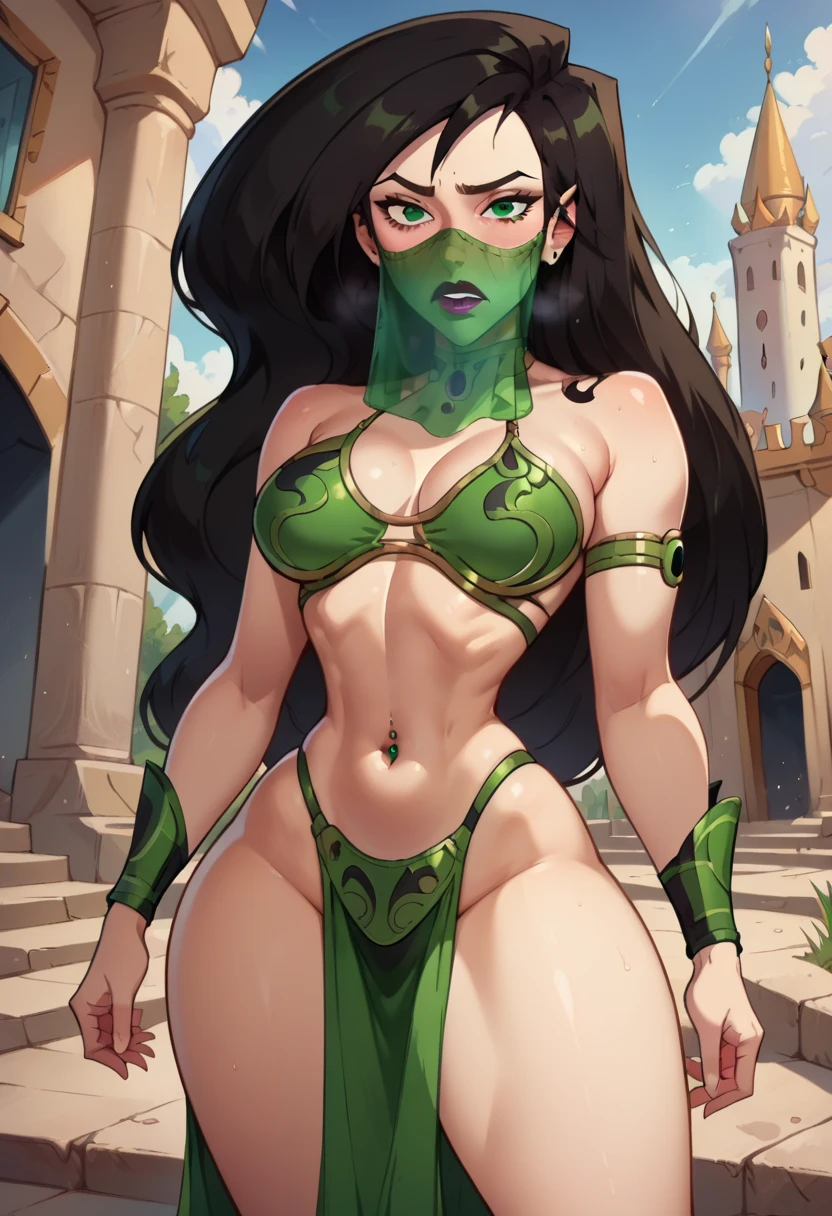 beautiful shego \(kim possible\), with medium breast, curvy body, thick thigh, thick waist, sex slave, green slave bikini, palace, standing, dynamic angle, high leg thong, looking at viewer, embarrassed, looking straight to the viewer, wide hips, green navel piercing, green pelvic curtain, purple mouth veil, dusk, castle setting, pale skin, white skin, long hair, green eyes, black hair,