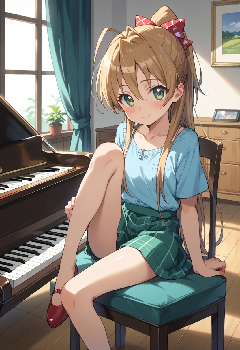 (( top quality)), ((masterpiece)), (be familiar with),  Perfect Face, indoor, bedroom,  Watching Viewers ,
One woman, Miyamoto Rei,
開いた口,  ecstatic expression beside the piano, blush, smile,
 small ,  flat chest, Young girl, Lori,  ,  girl,
 long hair,  ponytail ,
Leg spread,