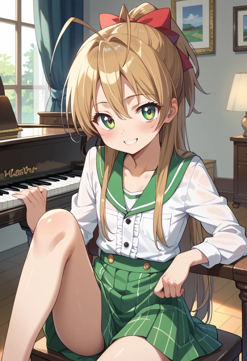 (( top quality)), ((masterpiece)), (be familiar with),  Perfect Face, indoor, bedroom,  Watching Viewers ,
One woman, Miyamoto Rei,
開いた口,  ecstatic expression beside the piano, blush, smile,
 small ,  flat chest, Young girl, Lori,  kids,  girl,
 long hair,  ponytail ,
Leg spread,