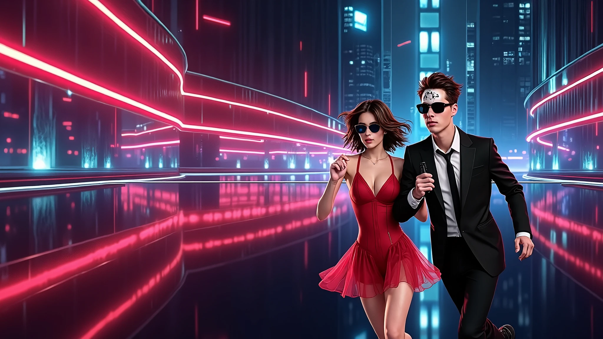 "A couple dancing on a retro dance floor, surrounded by neon lights and TV screens with pixelated images from the 80s." Utilizar cores saturadas, flickering light effects and apply a pixelated effect on TV screens to create a vintage aesthetic.