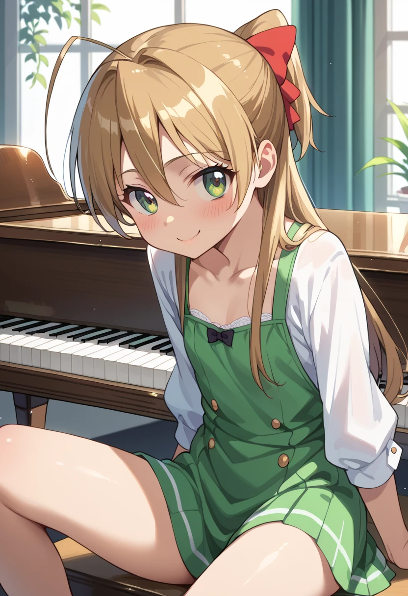 (( top quality)), ((masterpiece)), (be familiar with),  Perfect Face, indoor, bedroom,  Watching Viewers ,
One woman, Miyamoto Rei,
開いた口,  ecstatic expression beside the piano, blush, smile,
 small ,  flat chest, Young girl, Lori,  ****,  girl,
 long hair,  ponytail ,
Leg spread,