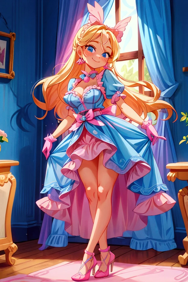 ((Masterpiece)), best quality, absurderes, ultra detailed, holographic, cowboy shot, dynamic pose, golden ratio, super cute girl, mature girl, Barbie girl, super beautiful girl with very beautiful blue eyes, beautiful glowing blonde hair, high ponytail, nice and sexy body, slim body, perfect body, wearing a super tight and pink leotard and super beautiful pink footwear, being photographed in a doll house