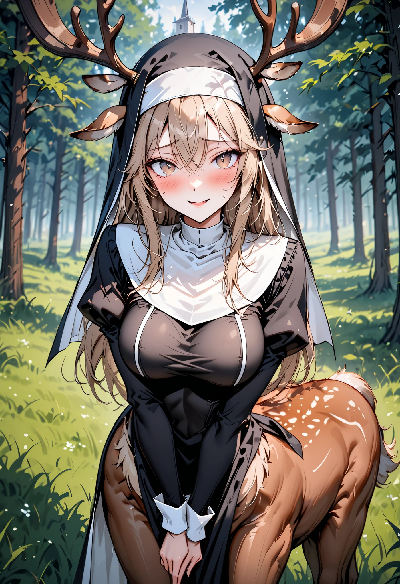 solo, female, close up, cowboy shot, nun, deer centaur, tall, nun habit, deer antlers, light brown hair, long hair, light brown eyes, curvy, slim, pious, wooden town church, outdoors, medium breasts, blush, shy, smile, pose, Juliet sleeves, long sleeves, slightly scared, white tail fluff, deer ears, slender deer body, deer lower body, deer tail, deer legs, grassland, forest