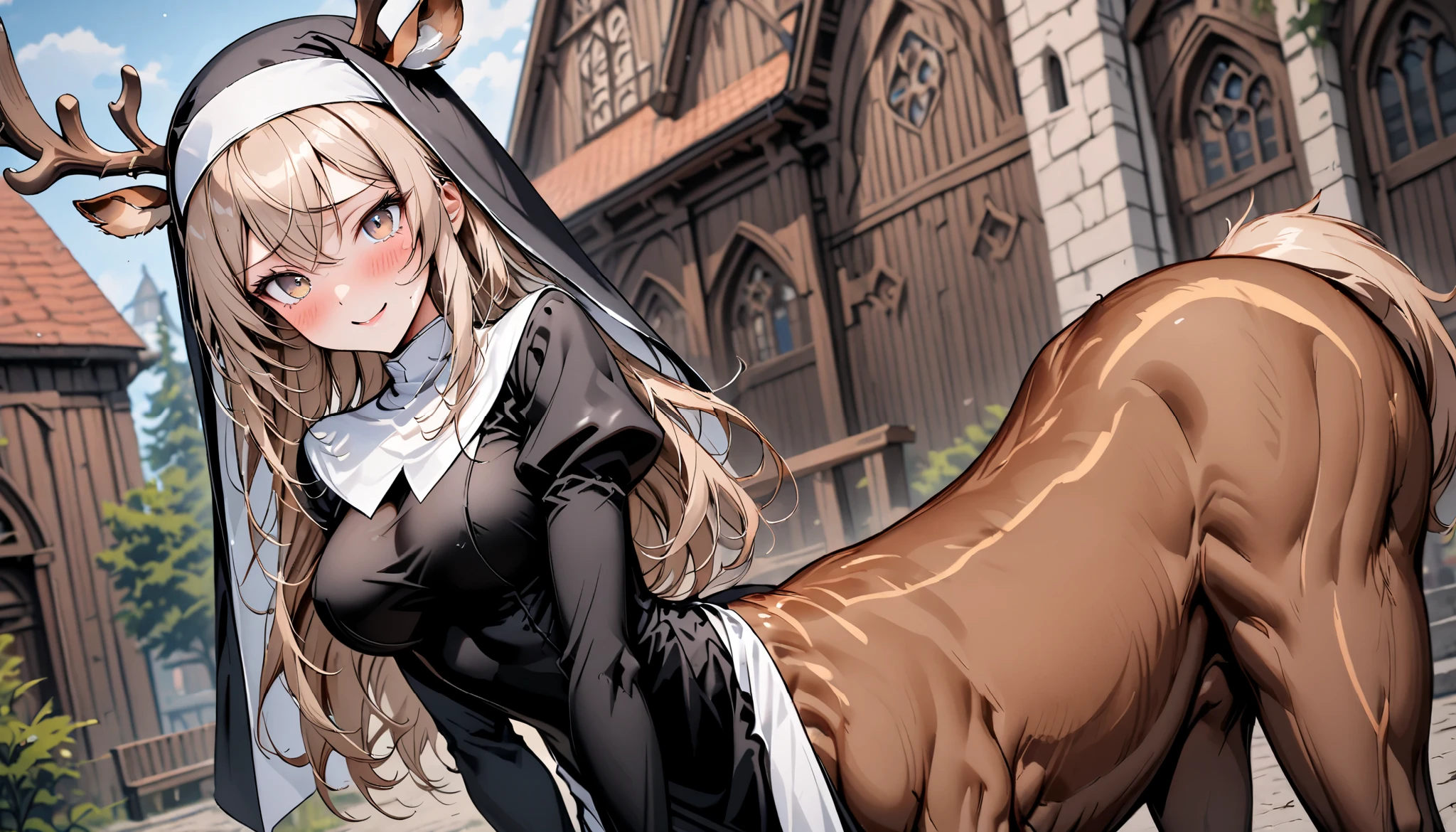 solo, female, close up, cowboy shot, nun, deer centaur, tall, nun habit, deer antlers, light brown hair, long hair, light brown eyes, curvy, slim, pious, wooden town church, outdoors, medium breasts, blush, shy, smile, pose, Juliet sleeves, long sleeves, slightly scared, white tail fluff, deer ears, slender deer body, deer lower body, deer tail, deer legs