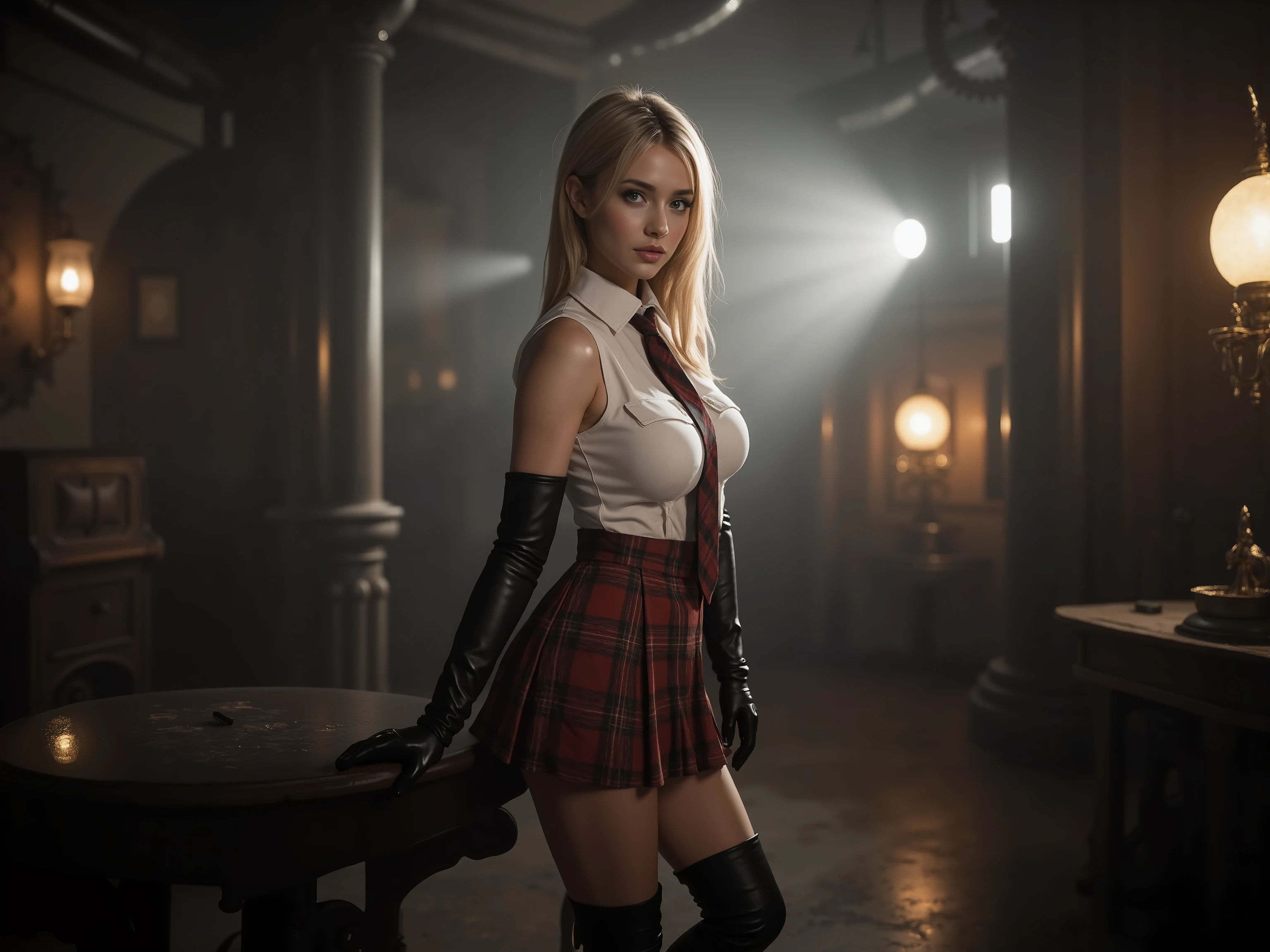 quality: (((masterpiece, cinematic composition, high quality 16K, 32K))), (8k, ultra-hyperrealistic :1.3), ( photorealism :1.2), (steampunk aesthetic). Scene:beautifull blonde schoolgirl, in her uniform with shirt tie and tartan middle long minikilt tucked in the shirt. She has long latex gloves and long leather heel boots. Shes touching her skirt. lighting: Gas lamps and the glowing scepter cast a dramatic light on her silhouette, while the rest of the room remains shrouded in shadow and steam. Stil: Seductive and majestic, a perfect mix of steampunk and mystical alien aesthetic. a white light Spot from the ground in the front to the face and illuminates her nipples