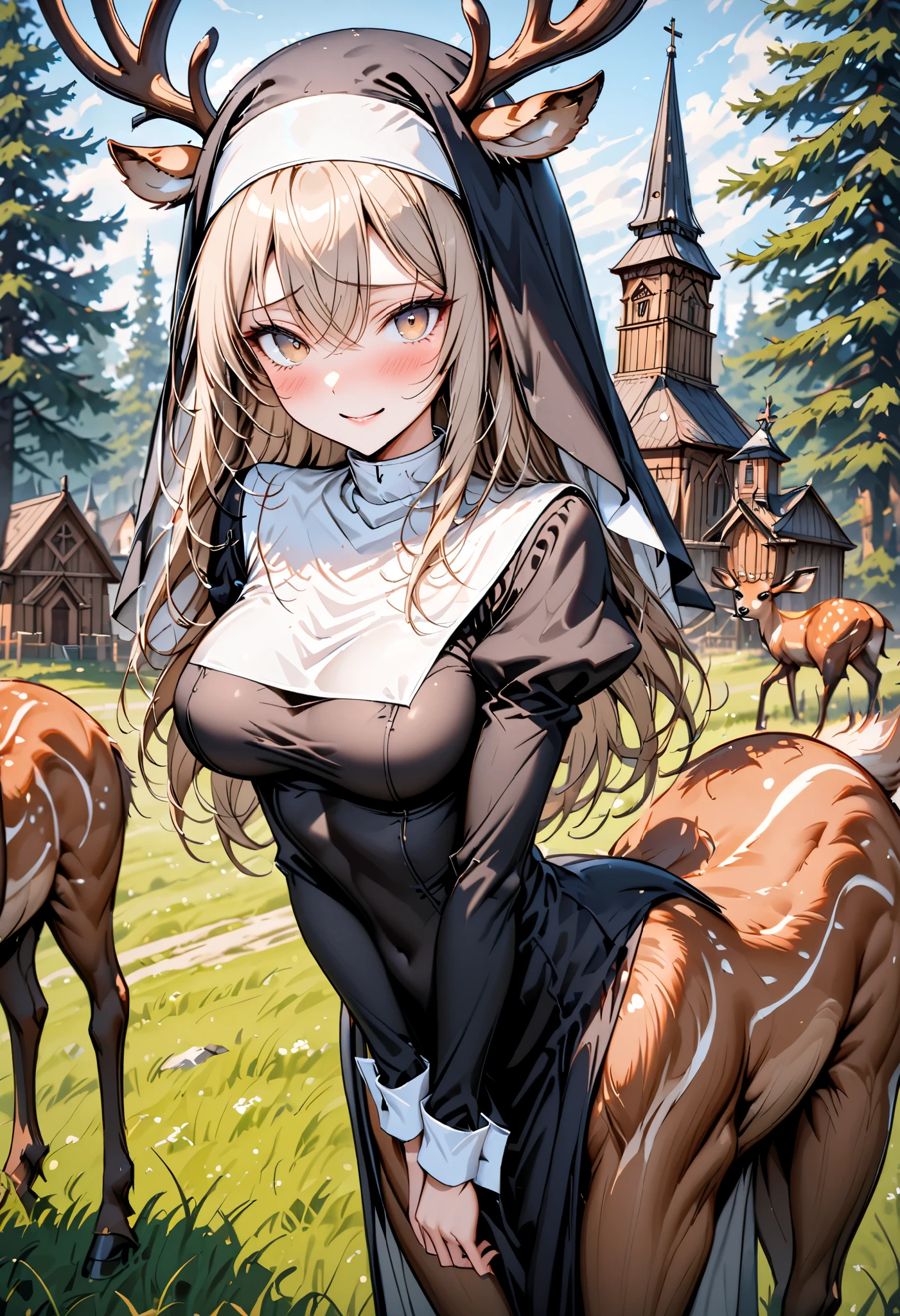 solo, female, close up, cowboy shot, nun, deer centaur, tall, nun habit, deer antlers, light brown hair, long hair, light brown eyes, curvy, slim, pious, wooden church, town, church:1.3, outdoors, medium breasts, blush, shy, smile, pose, Juliet sleeves, long sleeves, slightly scared, white tail fluff, deer ears, slender deer body, deer lower body, deer tail, deer legs, grassland, forest