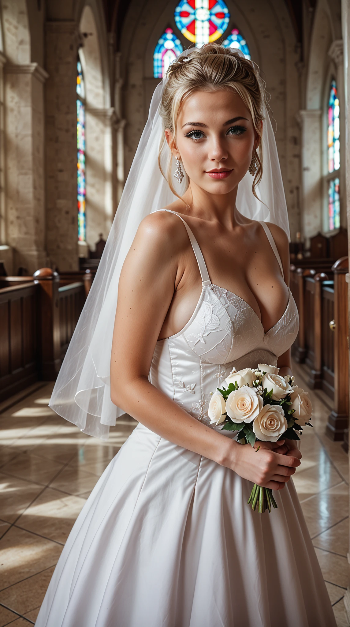 A photo of stunning blonde woman, wearing a white wedding dress, modern wedding dress, large cleavage, church background, UHD