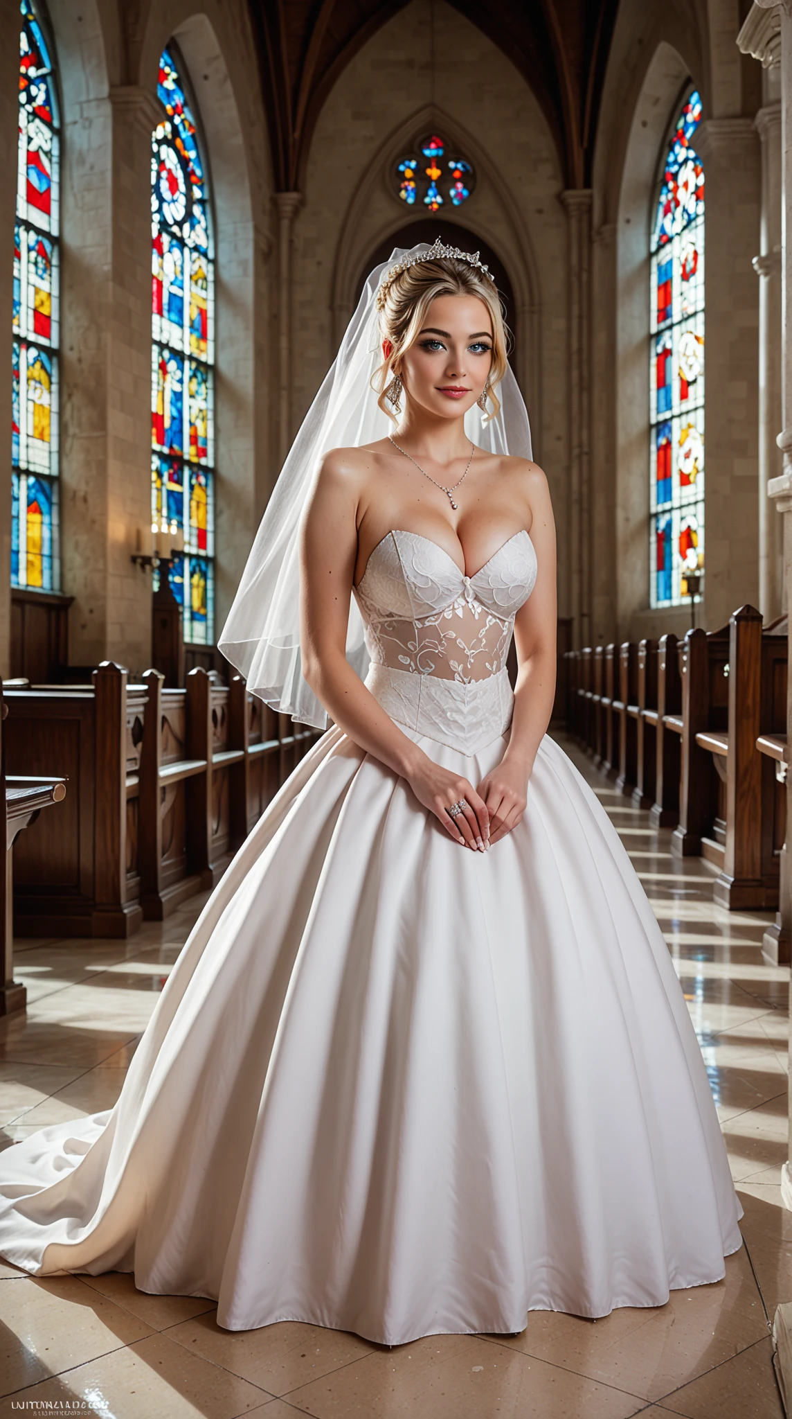 A photo of stunning blonde woman, wearing a white wedding dress, modern wedding dress, large cleavage, church background, UHD