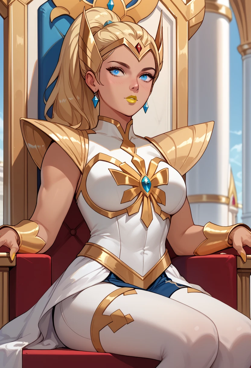 woman, big breasts, yellow lipstick, anime style, blue eyes, pale skin, blonde hair, ponytail, armor, royal palace, sitting on a throne, She-ra 