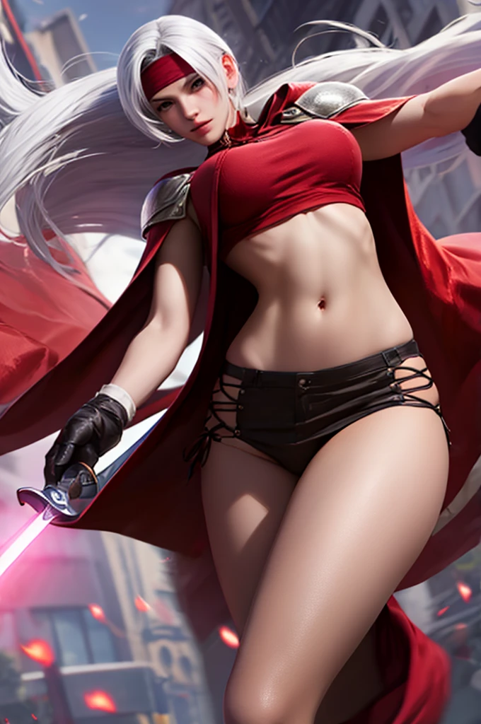 FoxyKOF, 1woman, red cape, gloves, purple Headband, Long hair, solo, large breasts, sword weapon, white hair, navel, boots, waist, perfect, MASTERPIECE, detailed, realistic, highres 