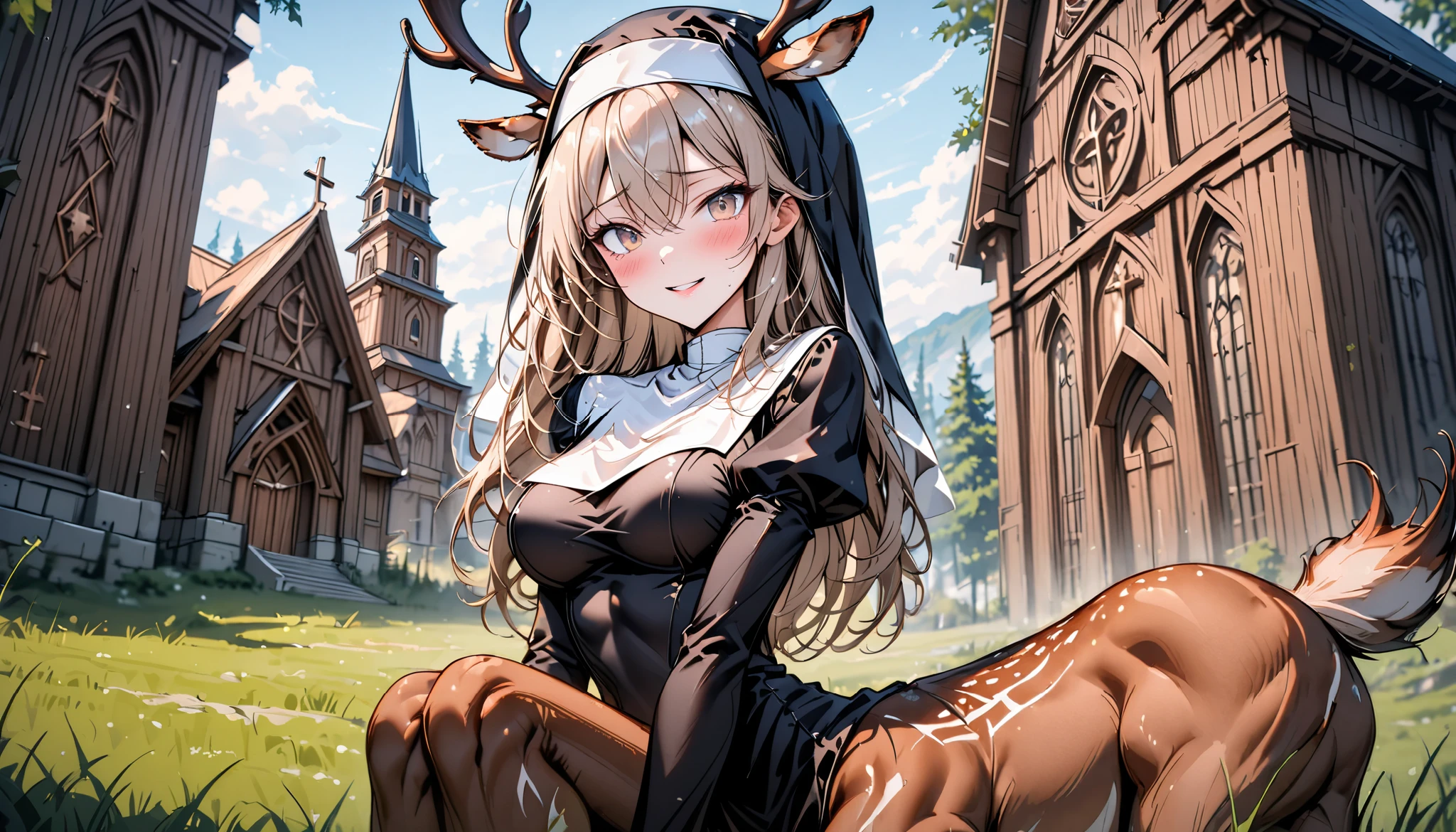 solo, female, close up, cowboy shot, nun, deer centaur, tall, nun habit, deer antlers, light brown hair, long hair, light brown eyes, curvy, slim, pious, wooden church, town, church:1.3, outdoors, , blush, shy, smile, pose, Juliet sleeves, long sleeves, slightly scared, white tail fluff, deer ears, slender deer body, deer lower body, deer tail, deer legs, grassland, forest, ren, playing, sitting on the floor
