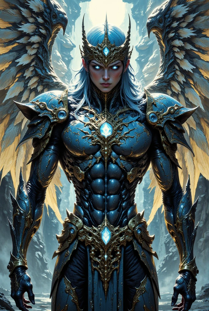 Inspired by saint seiya manga, a muscular handsome angel in a tight-fitting platinum and titanium outfit, huge platinum and titanium wings, two titanium swords on his back, gold details around white eyes, highly detailed, cinematic, dramatic lighting, hyper realistic, 8k, digital art