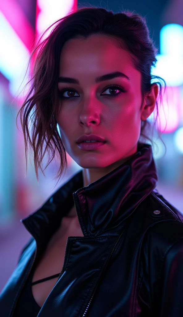 In a masterclass of futuristic portraiture, a woman stands resplendent against the neon-drenched backdrop of a cyberpunk city. Soft, even lighting wraps around her face, accentuating the intricate details of her cybernetic attire. Her eyes, pools of piercing intensity, lock onto the viewer's gaze, exuding an air of confidence and mystery. Centred in the frame, she presents herself with an unwavering sense of purpose, as if daring the viewer to look away. The medium-body portrait is a masterpiece of composition and lighting, capturing every nuance of her cyberpunk persona.