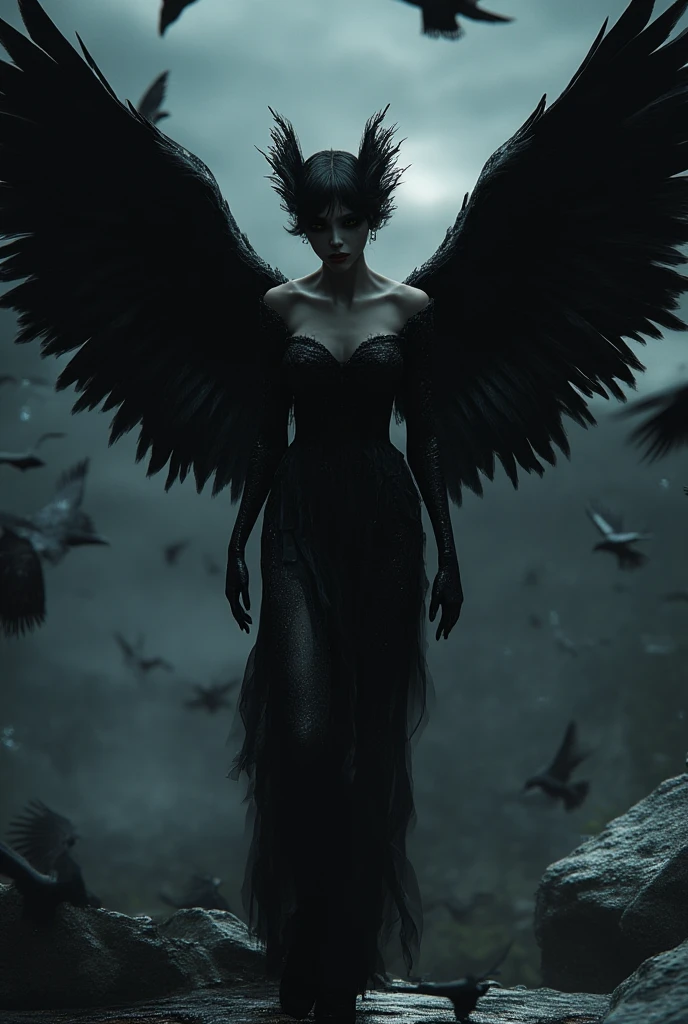 Female black undercut shaved sides hair with black Angel Wings yellow crow eyes black eyeshadow B Cup breast thick thighs background group of crow's flying in thunder storm high quality amazing detail realistic 3D real character style extremely detailed pose sexy walk high quality