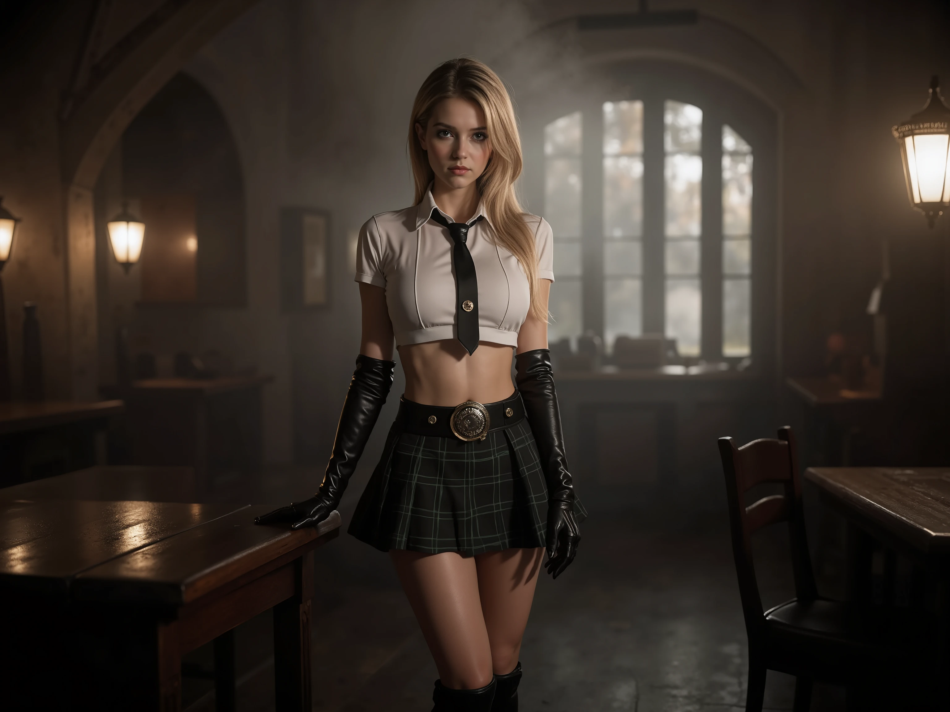 Masterpeice, Full-length view (portrait of a hot sexy blonde as Hermione Granger), in a Hogwarts uniform intimate, detailed, full body shot, very detailed face, green eyes, very sexy, Hogwarts shirt with opened buttons ,cleavage, short skirt, high heels, magic wand, black stockings, Hogwarts logo, Hogwarts Castle tower on background, (8k, uhd, DSLR, high quality, cinematic lighting, bokeh), (dramatic, award-winning photography, incredible masterpiece: 1.3), 16K, ultra high res.photorealistic, UHD, RAW