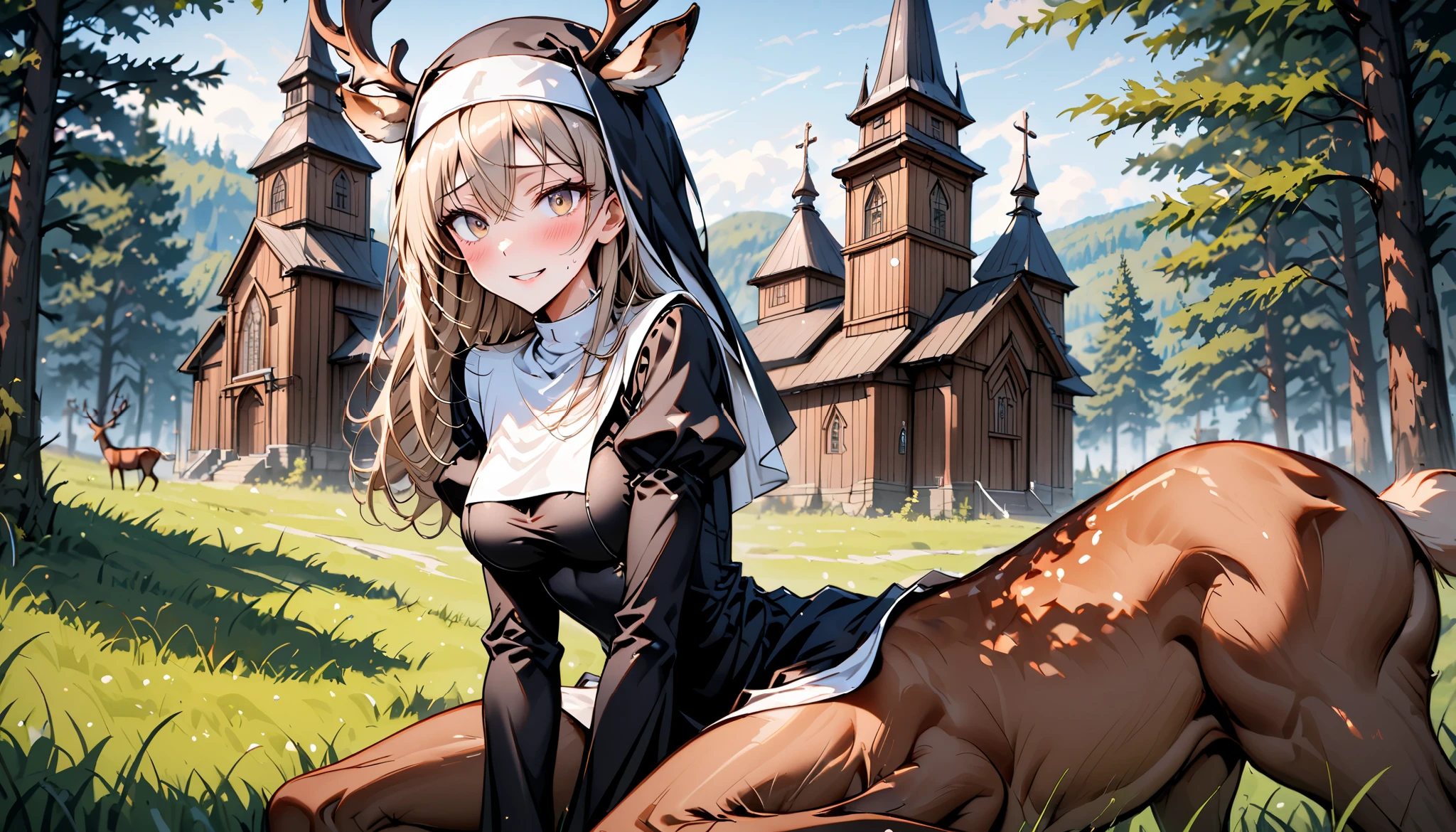 solo, female, close up, cowboy shot, nun, deer centaur, tall, nun habit, deer antlers, light brown hair, long hair, light brown eyes, curvy, slim, pious, wooden church, town, church:1.3, outdoors, medium breasts, blush, shy, smile, pose, Juliet sleeves, long sleeves, slightly scared, white tail fluff, deer ears, slender deer body, deer lower body, deer tail, deer legs, grassland, forest, ren, playing, sitting on the floor
