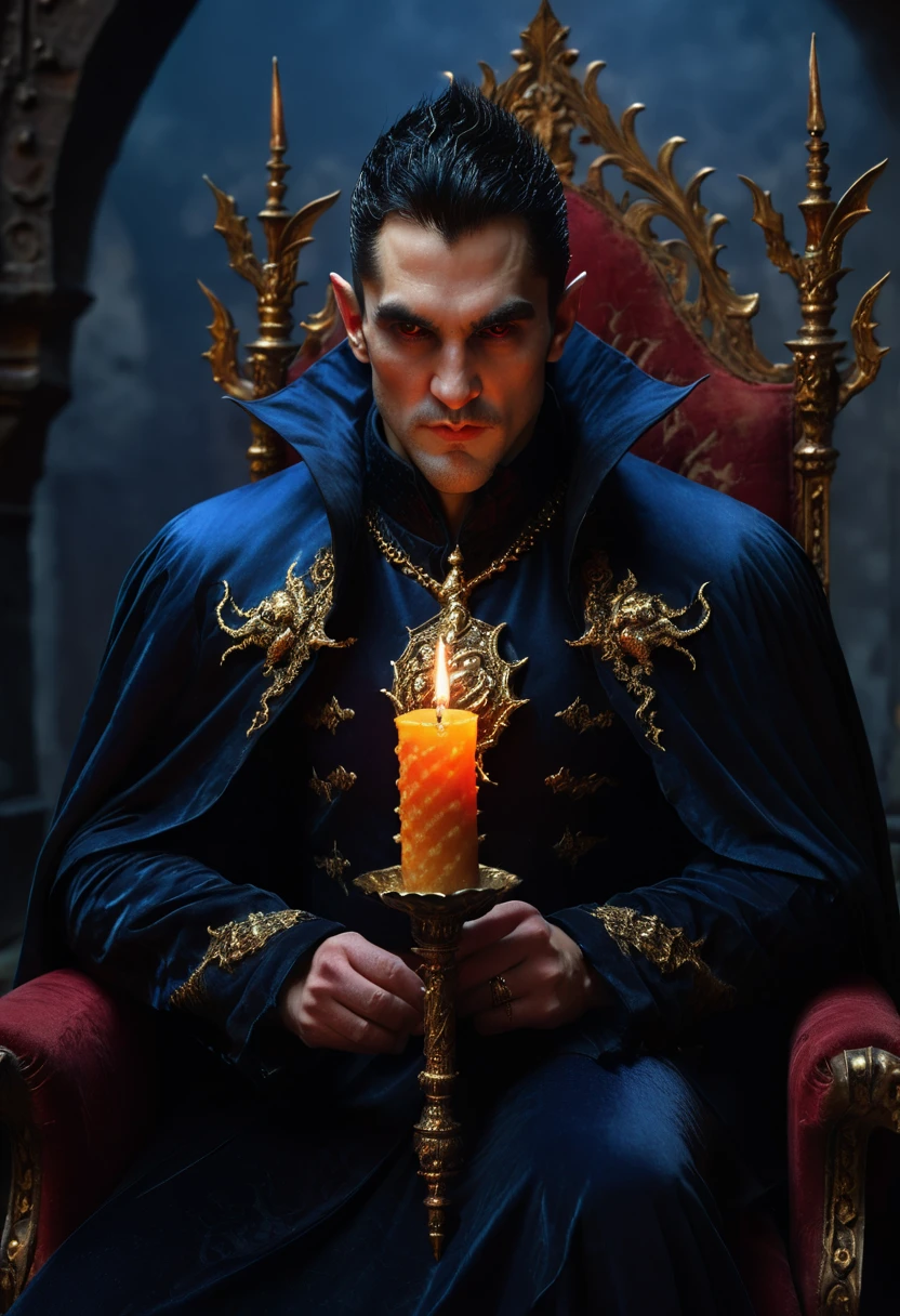 A dark, dramatic portrait of a vampiric figure. Hyperrealistic, with intricate detailing (embroidered dragons in gold thread) on the dark blue cape and ornate gold jewelry. The man has short dark hair styled in a period style with a pronounced "widowmaker's peak," sharp, marked facial features, and a serious, macabre scowl displaying his long, biting fangs. His eyes glow red/orange. He holds a lit candle in his hand, in a decorative candlestick. The setting is a dark, gothic interior, possibly a castle or ancient chamber. Deep blues, deep purples, and deep blacks are the dominant colors. The color palette (fluorescent to electric neon) should have dramatic contrast between the deep shadows and reflections of the candle and the figure's clothing. Include elements of elaborate gothic architecture in the background, hinting at them rather than showing them completely. Emphasis on the texture of the fabric, the candlelight, and the glow in the character's eyes. Intricate, detailed textures should be prominent, showing the details of clothing and jewelry. Dark bat-wing-like features on the cape/shoulders. An ornate, red/maroon, high-backed throne or chair.