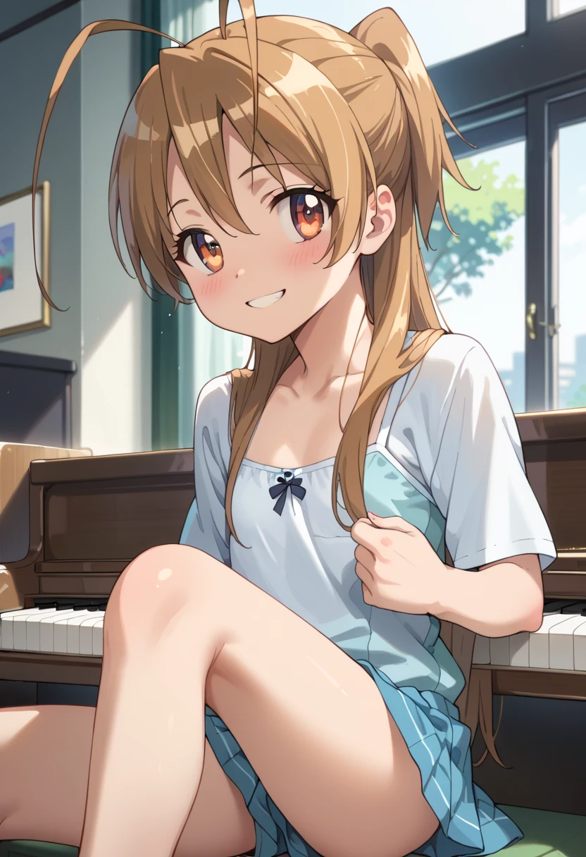 (( top quality)), ((masterpiece)), (be familiar with),  Perfect Face, indoor, bedroom,  Watching Viewers ,
One woman, Miyamoto Rei,
開いた口,  ecstatic expression beside the piano, blush, smile,
 small ,  flat chest, Young girl, Lori,  kids,  girl,
 long hair,  ponytail,
Leg spread,