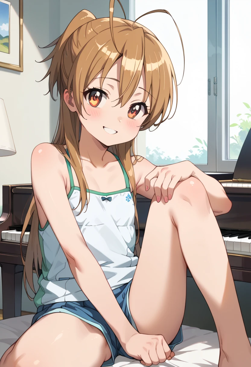 (( top quality)), ((masterpiece)), (be familiar with),  Perfect Face, indoor, bedroom,  Watching Viewers ,
One woman, Miyamoto Rei,
開いた口,  ecstatic expression beside the piano, blush, smile,
 small ,  flat chest, Young girl, Lori,  ****,  girl,
 long hair,  ponytail,
Leg spread,