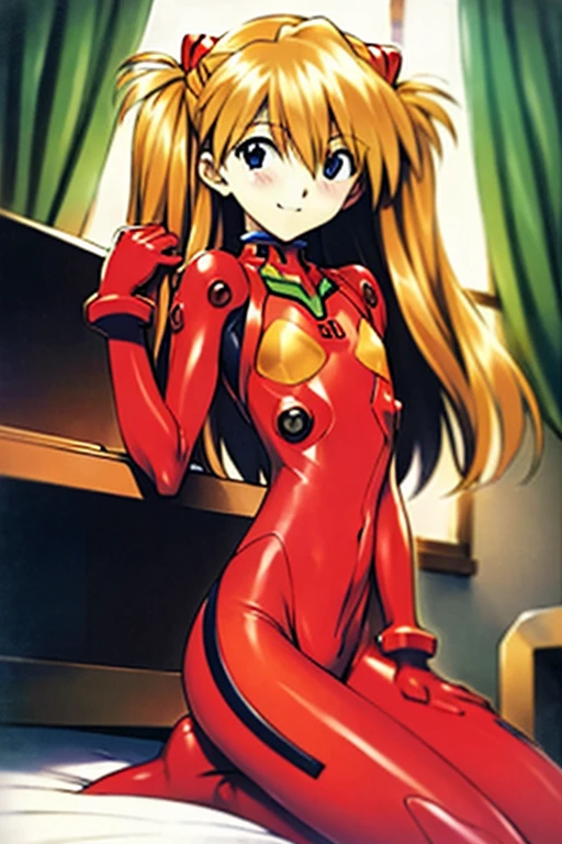 (( top quality)), ((masterpiece)), (be familiar with),  Perfect Face, indoor, bedroom,  Watching Viewers ,
One woman,  Soryu Asuka Langley,
開いた口,  ecstatic expression beside the piano, blush, smile,
 small tits,  flat chest, Young girl, Lori,  s,  girl,
 long hair,  two side up,
Leg spread,