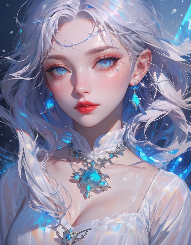 masterpiece, best quality, perfect anatomy, fantasy, snow girl, solo, beautiful face, white hair, very long wave hair, blue eyes, (blue jewel on forehead), blue necklace, white earrings, white dress, ((huge breasts)), snowy, cinematic lights, dynamic angle, looking at viewer, close up, red lips,