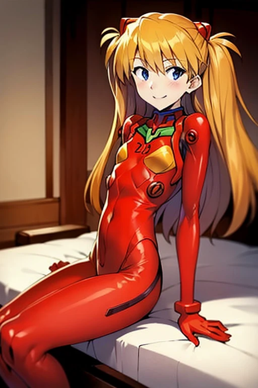 (( top quality)), ((masterpiece)), (be familiar with),  Perfect Face, indoor, bedroom,  Watching Viewers ,
One woman,  Soryu Asuka Langley,
開いた口,  ecstatic expression beside the piano, blush, smile,
 small tits,  flat chest, Young girl, Lori,  s,  girl,
 long hair,  two side up,
Leg spread,