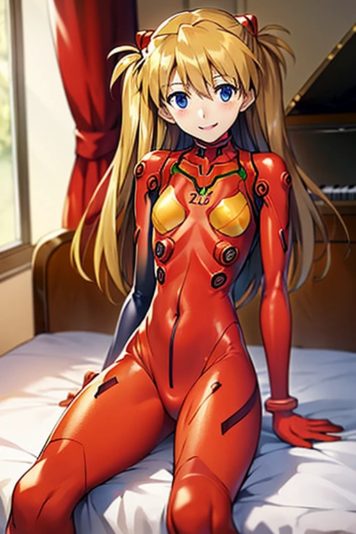 (( top quality)), ((masterpiece)), (be familiar with),  Perfect Face, indoor, bedroom,  Watching Viewers ,
One woman,  Soryu Asuka Langley,
開いた口,  ecstatic expression beside the piano, blush, smile,
 small tits,  flat chest, Young girl, Lori,  s,  girl,
 long hair,  two side up,
Leg spread,