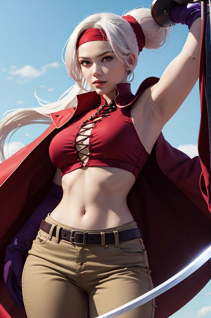 FoxyKOF, 1woman, red cape, gloves, purple Headband, ponytail, beige PANTS, belt, Long hair, solo, large breasts, sword weapon, white hair, navel, waist, perfect, MASTERPIECE, detailed, realistic, highres