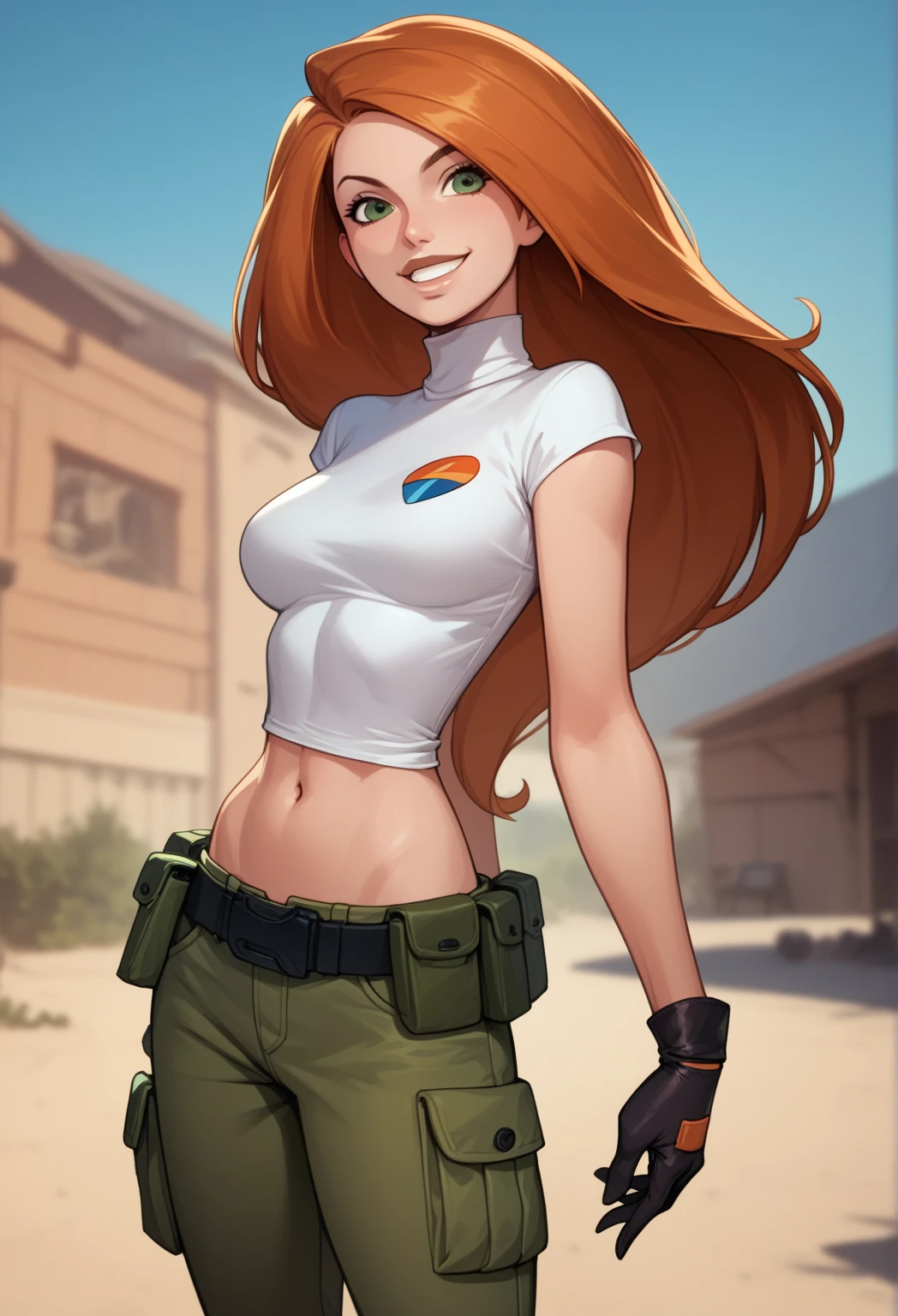 ((best quality)), ((highly detailed)), , <lora:more_details:.4>, (1girl), dynamic pose, cowboy shot, <lora:hairdetailer:1>, <lora:Ann_Possible-DEF:.75>, kim possible, long hair, green eyes, medium breasts, smiling, black turtleneck, long sleeves, navel, gloves, utility belt, cargo pants, (outside, on a volcano, morning, sunrise, clear weather)