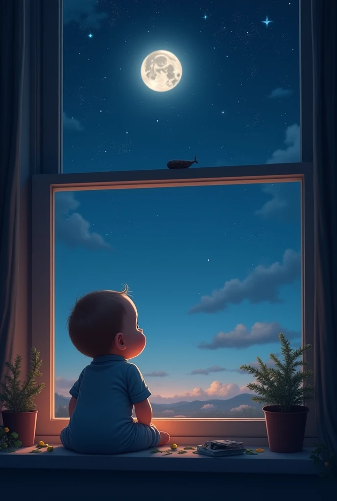 A boy watching sitting near the seashore, moon up in the sky, a cat near with him, scenery, art effect, coloured
