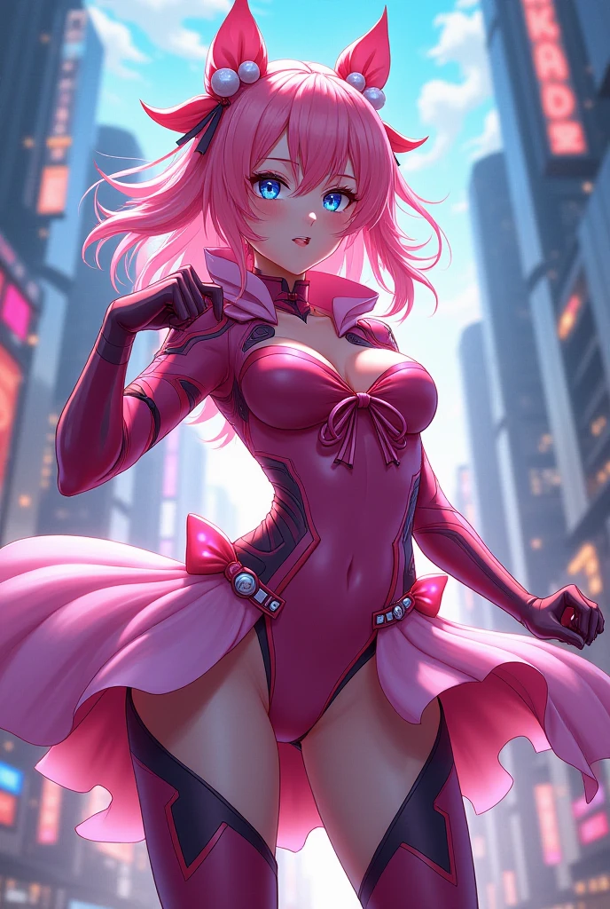 women only、Luka Megurine's feelings、long hair、orange hair、tight tights、gently、red lipstick、looking at camera、eyes are pink、cleavage、Neon feeling、neon laser、white people、All white、skin like snow、pure white hair、dark city、dark atmosphere、
