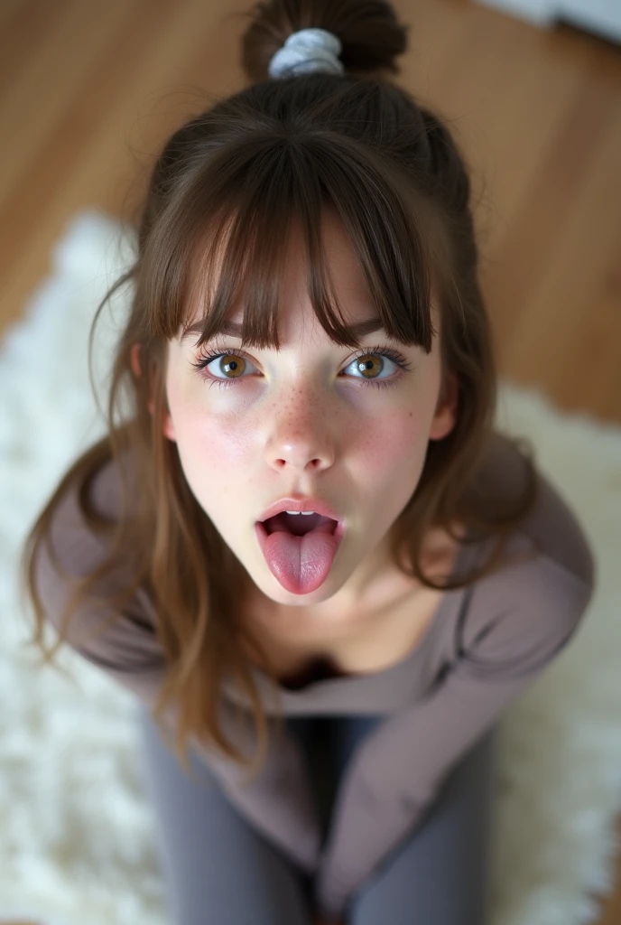 1girl, Alone, Looking at viewer, Open Mouth, bangs, Hair Ribbon, Tongue, Tongue Out, wide open mouth POV, From Above, squinting, cute, pretty, young looking, Danish, yoga, tight leggings pants, very pale skin, light brown hair, freckles, soft young body, instagram picture style, girly teenager room, photorealistic, 8k, on knees, white fluffy rug, young looking 18-year-old nanny 、 Japanese、 Japanese、 Japanese、 Japanese