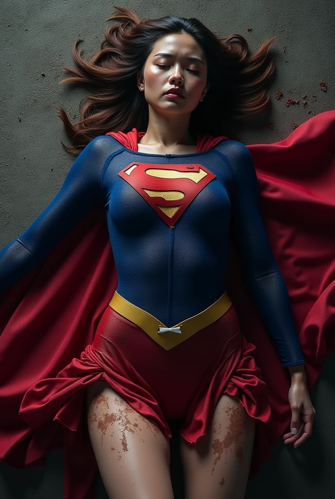 A woman with short hair dressed as Superman. with a cape. physically strong, lying on her side on the floor in the fetal position, sobbing. perspective from above.