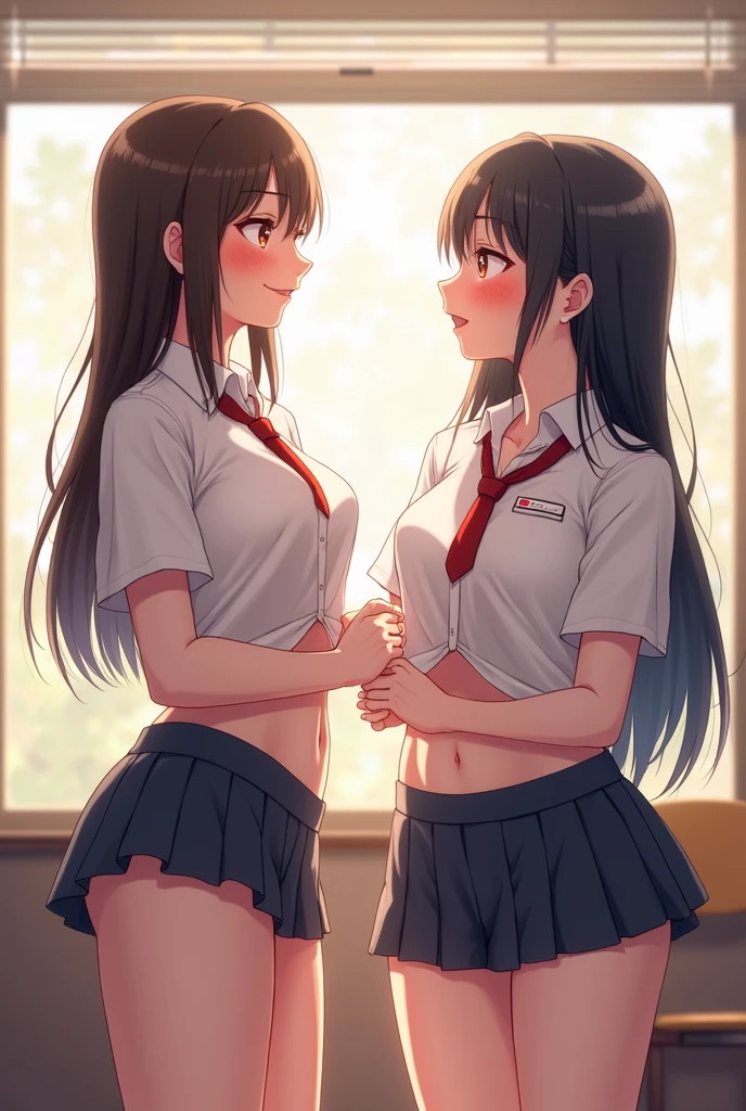 female, kissing girls, yuri, school girl, uniform, cosplay, nude, young, at night , hugging, rubbing vagina, pinned to wall, class room, loli, small breasts, thin body, legs spread, blushing face, masterpiece, high quality,