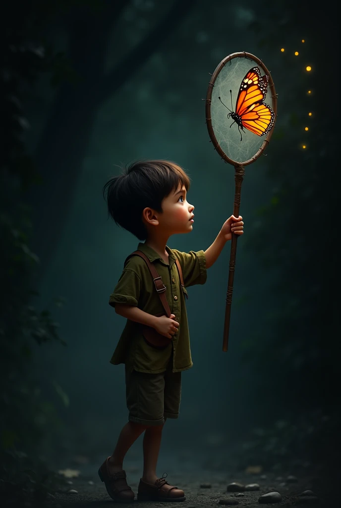 In the woods there was a little boy dressed in green。，Holding a butterfly, in the middle of nature, In the middle of the green jungle，Clear focus（Clutter - home：0.8）， （tmasterpiece：1.2） （realisticlying：1.2） （Bokeh） （best qualtiy） （detailedskin：1.3） （complexdetails） （8K） （detailedeyes） （Sharp focus）,（having fun），Cinema lenses，Canon 85mm lens，Blind box style，tchibi，full bady,