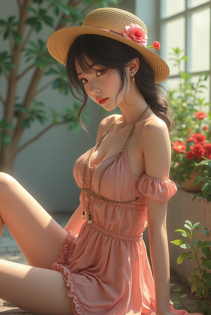 Best quality, masterpiece, ultra high res, (photorealistic:1.4), raw photo, 1girl, offshoulder, in the dark, deep shadow, low key, cold light , sitting in a garden