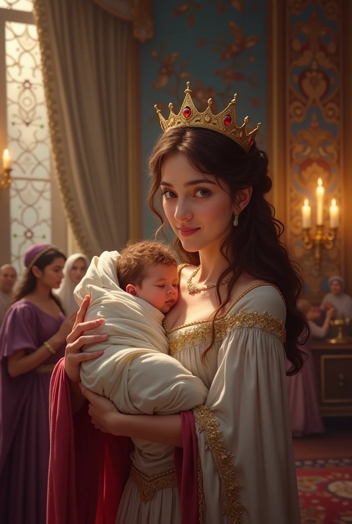 bestquality,10,highres,ultra-detail,portrait,Beautiful girl with long hair holding baby,A rugged aristocracy.,mediaeval,Royal Costume,Inside the palace,Golden Throne,detailed facial features,Expressive eyes and lips,rich colors,gentle lighting