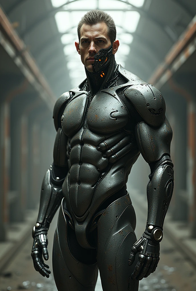 Arafede man in black latex suit,Metallic body, cyberpunk art inspired by Marek Okon, Zbrush Central Contest Winner, Digital art, bionic scifi alexandre ferra, cyborg neck, cyborg male, male cyborg, cyborg fashion model, portrait of a cyborg, detailed portrait of a cyborg, cybernetic neck implant, portrait of a futuristic robot,Muscular macho,whole body display
