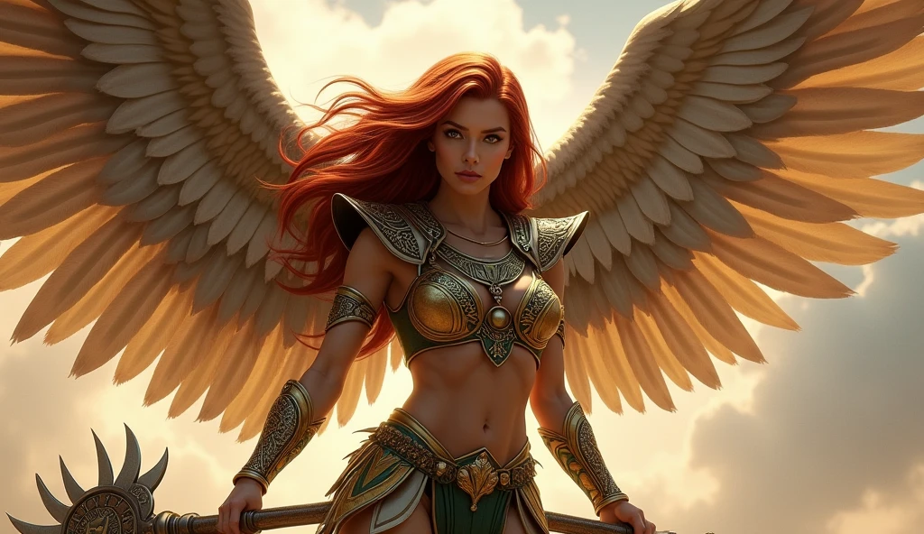 a fierce lioness warrior goddess, goddess sekhmet, pale skin, powerful goddess of war, healing and destruction, photorealistic, gold and turquoise headdress, piercing blue eyes, regal expression, intricately detailed ornate armor, flowing red hair, muscular feline body, large wings, mystical aura, volumetric lighting, glowing energy, vibrant colors, 8k, hyper detailed
