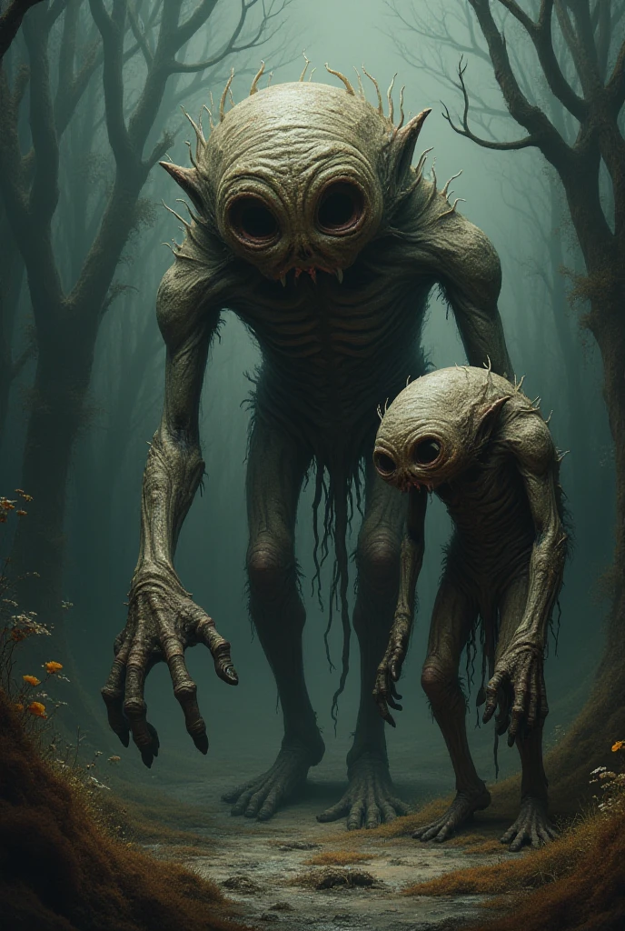 In a fantasy forest, two Whimsical characters look towards the right at another character, with humorous expressions, in the style of Tim Burton, Hieronymus Bosch and H.R. Giger. Macabre humour, movie poster with the golden ratio composition