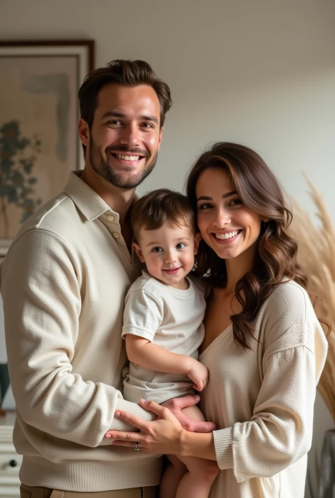A power couple with 5 year old son in man's arm and 6 month old daughter in woman are dressed in same colour look like happy family 
