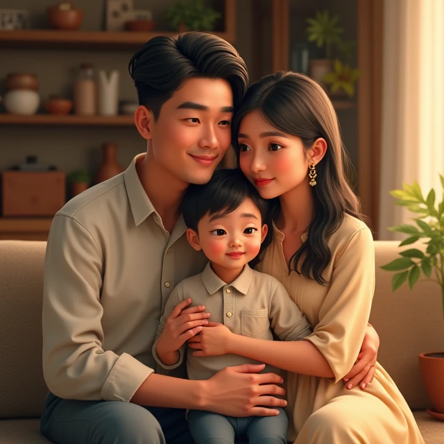 Allafed asian family sitting on sofa with baby, portrait of family of three, Happy family, home photography portrait, Family photography, husband wife and son, wearing red clothes, product introduction photos, wearing red attire, Portrait image, Family, family photos, high quality portrait, Red clothes, color portrait, coloured photo, portrait picture, family photos, wearing red